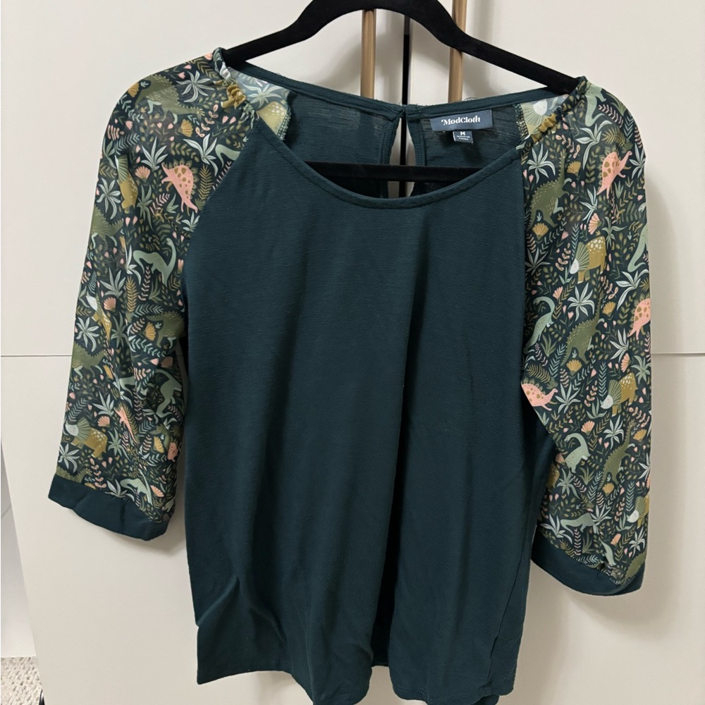 Modcloth Teal Blouse with Patterned dinosaur Sleeves medium women’s pattern